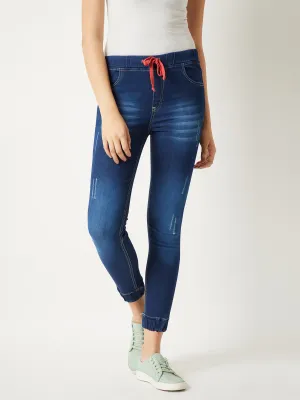 Women's Navy Blue Relaxed Fit Mid Rise Regular Length Scraping Detailing Stretchable Denim Joggers