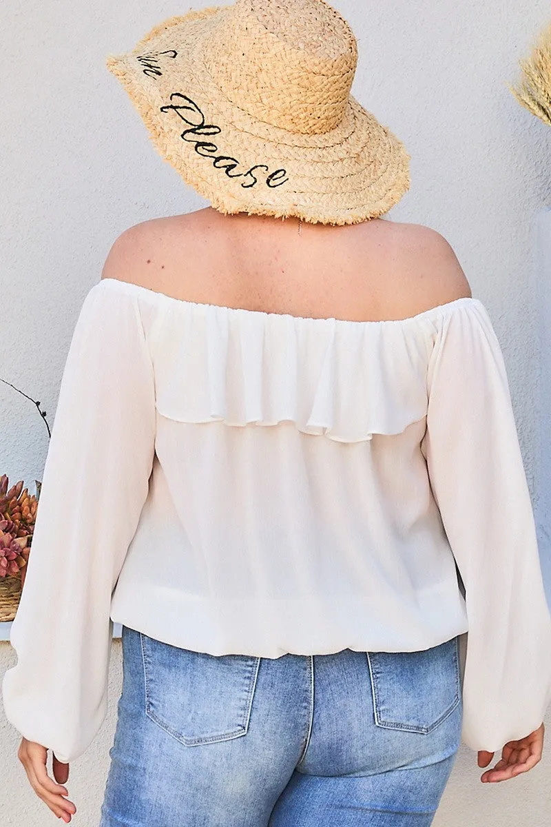 Women's Plus Off Shoulder Ruffle Bubble Sleeve Top