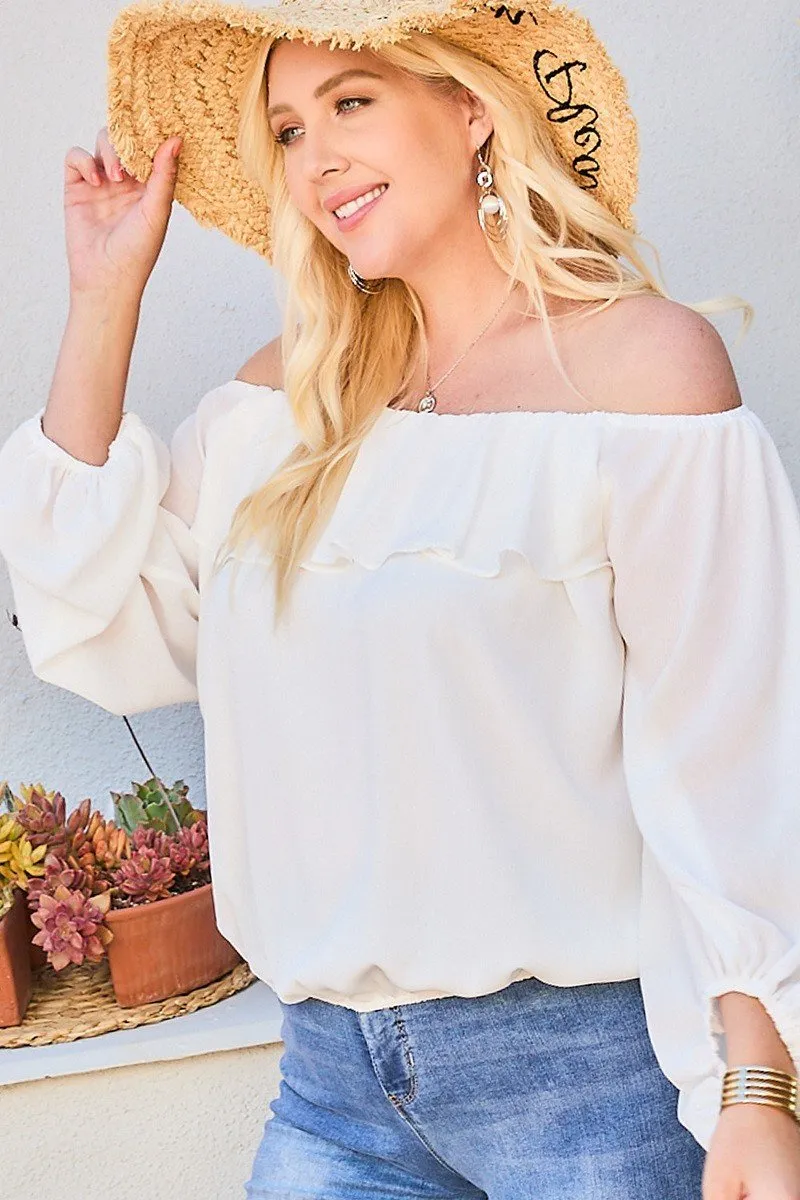 Women's Plus Off Shoulder Ruffle Bubble Sleeve Top