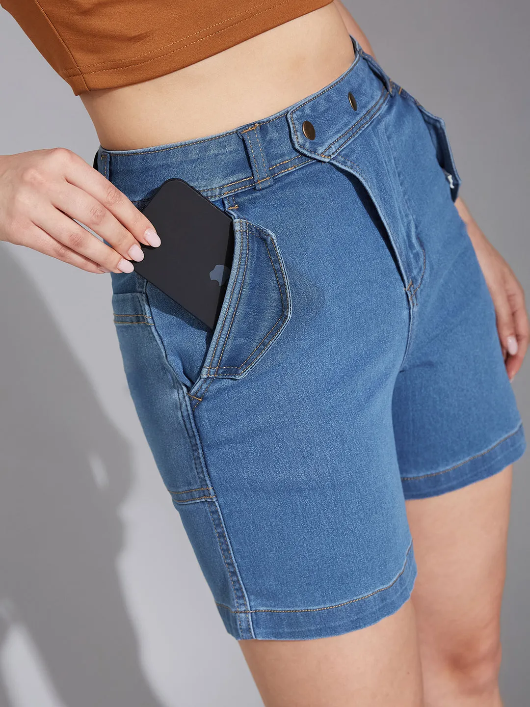 Women's Relaxed-Fit Mid-Rise Clean-Look Stretchable Blue Denim Bermuda Shorts