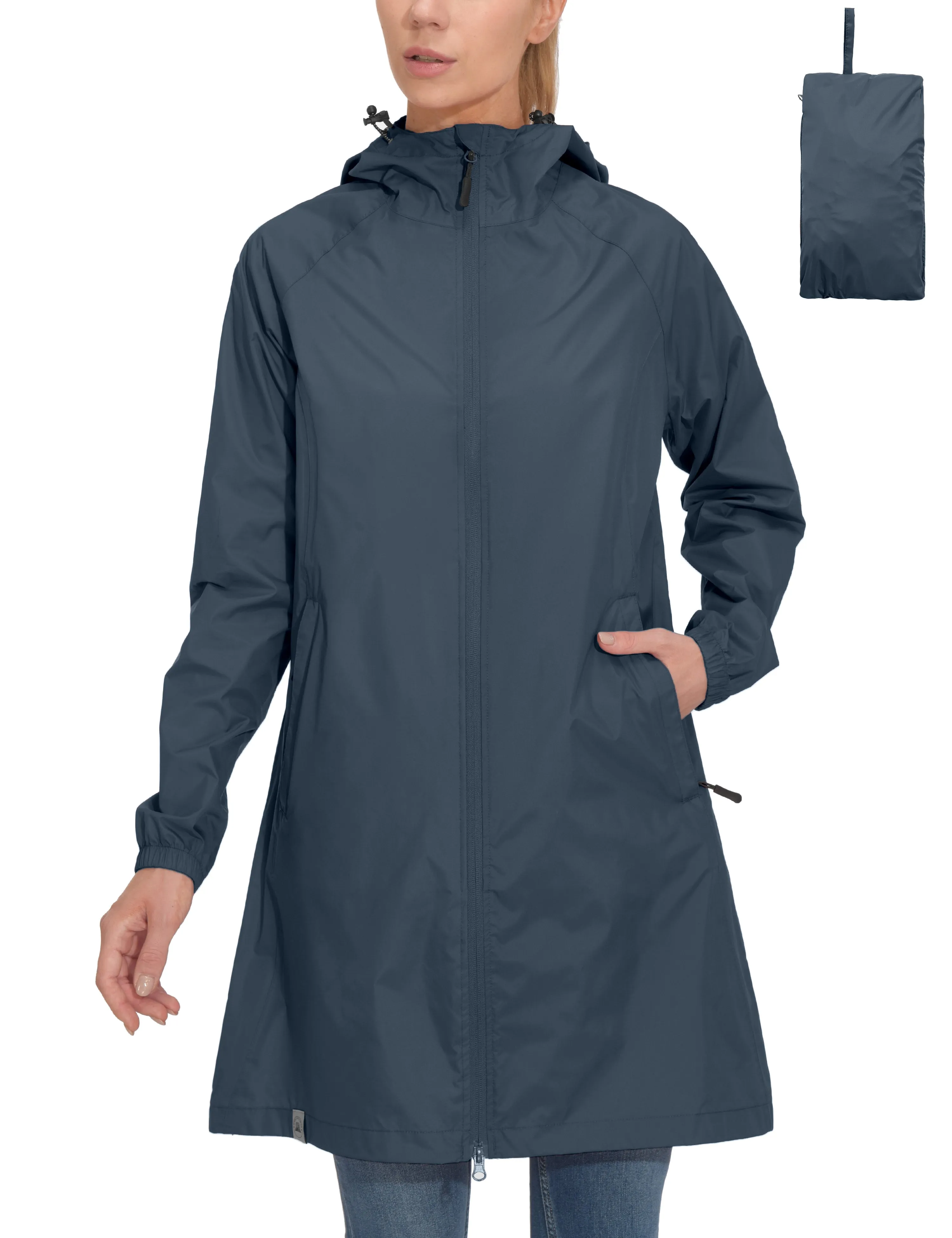 Women's Waterproof Packable Hooded Long Rain Jacket