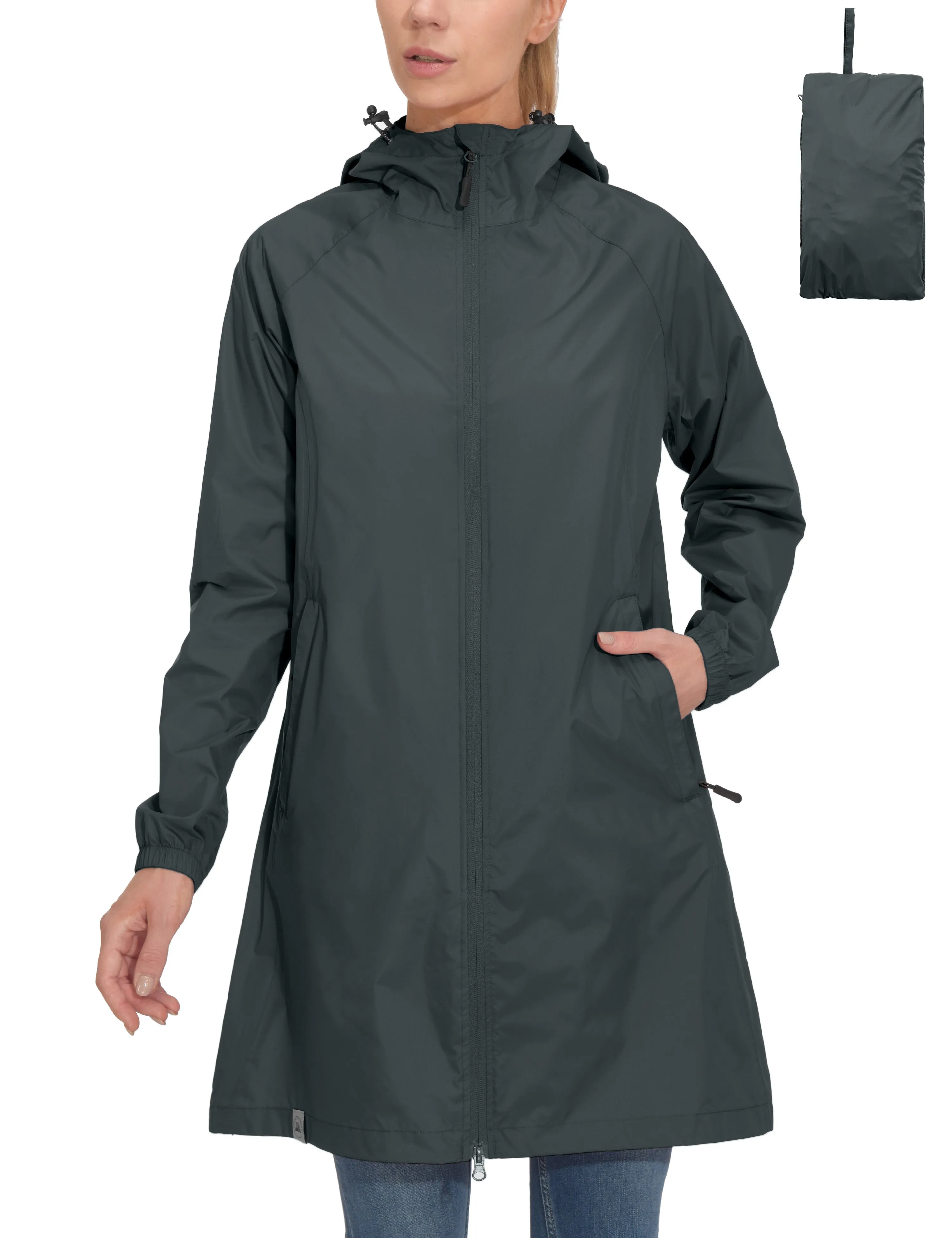 Women's Waterproof Packable Hooded Long Rain Jacket