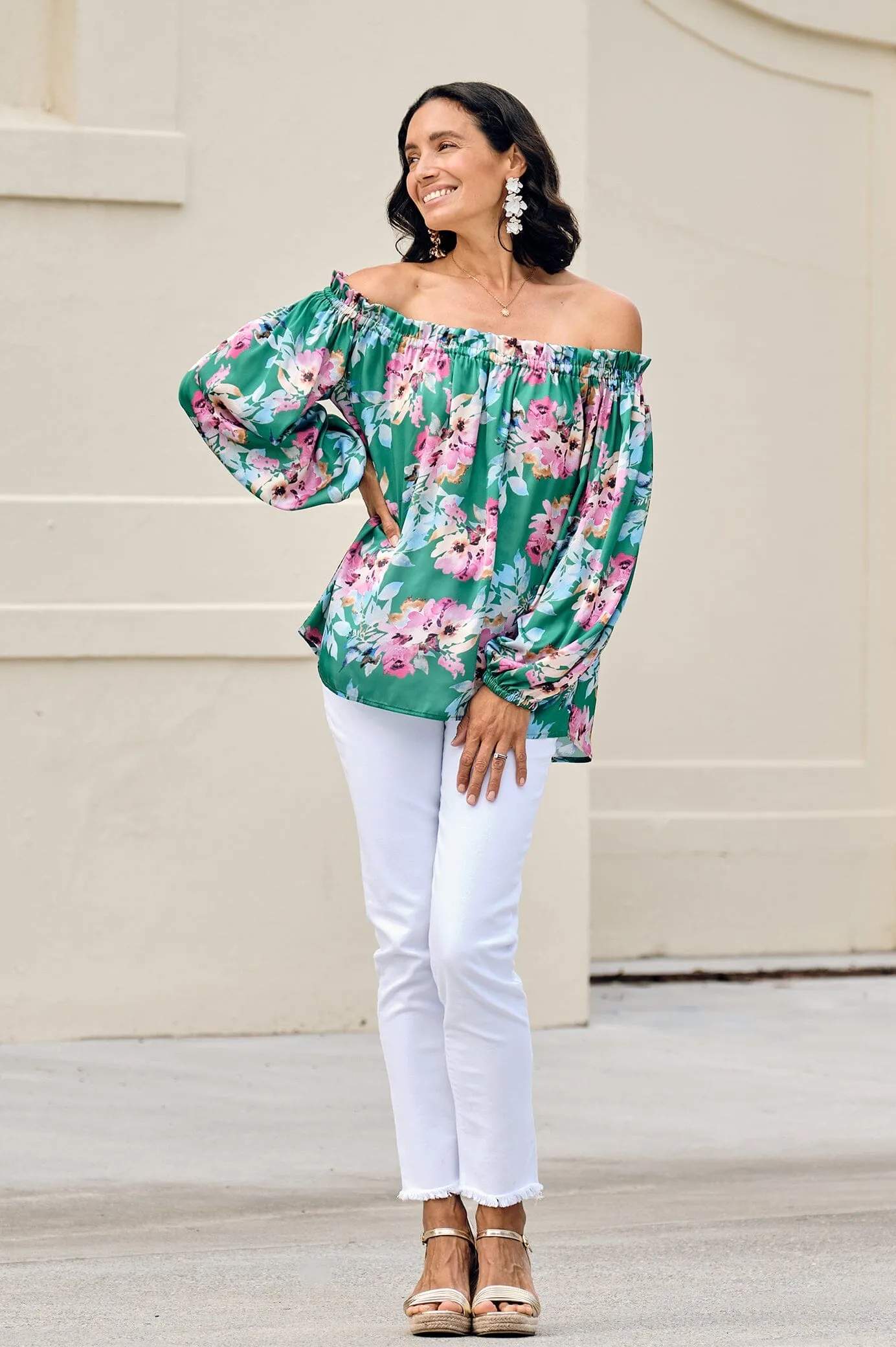 Xenia Off Shoulder Top Bella Print Emerald