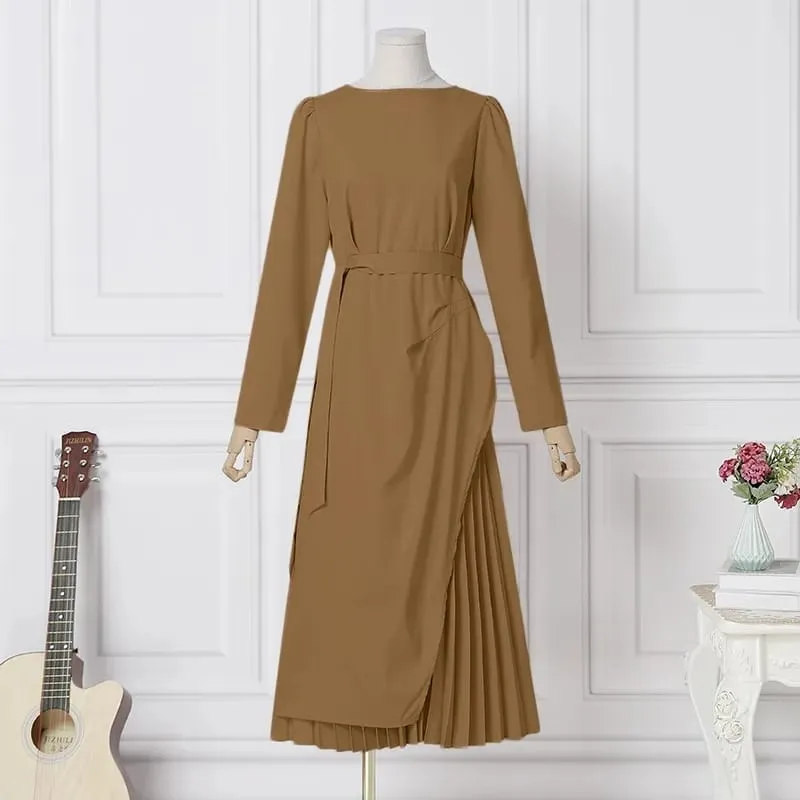 ZANZEA Fashion Long Sleeve Pleated Sundress Kaftan Elegant Women OL Work Dress Spring Solid Lace Up Long Vestido Robe Femme S4370966