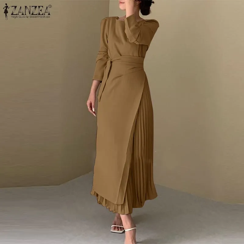 ZANZEA Fashion Long Sleeve Pleated Sundress Kaftan Elegant Women OL Work Dress Spring Solid Lace Up Long Vestido Robe Femme S4370966