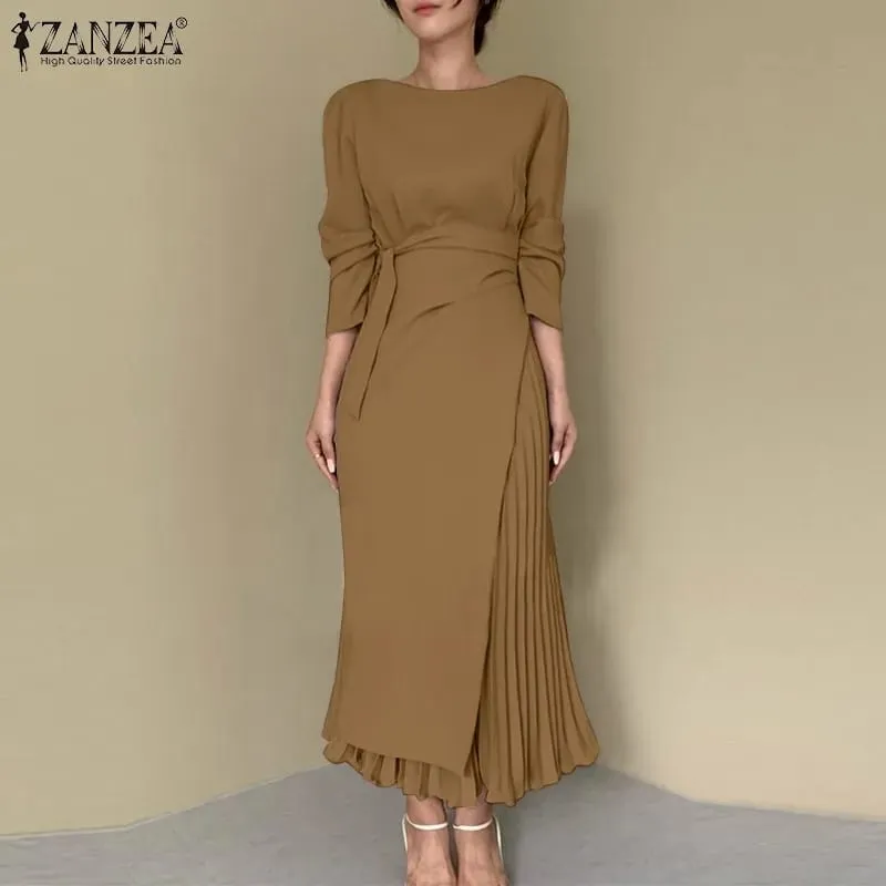 ZANZEA Fashion Long Sleeve Pleated Sundress Kaftan Elegant Women OL Work Dress Spring Solid Lace Up Long Vestido Robe Femme S4370966