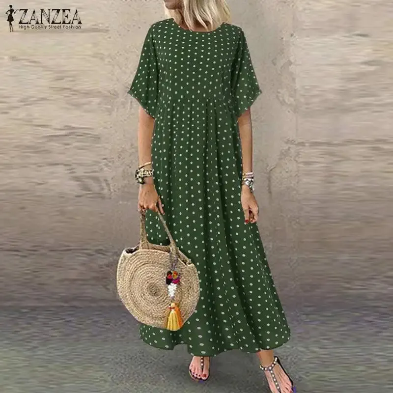 ZANZEA Fashion Polka Maxi Dress Casual O Neck Summer Dress