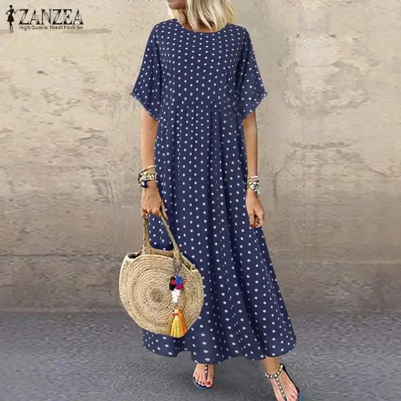 ZANZEA Fashion Polka Maxi Dress Casual O Neck Summer Dress