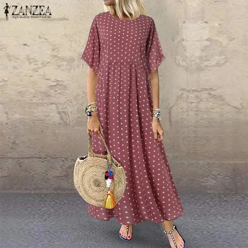 ZANZEA Fashion Polka Maxi Dress Casual O Neck Summer Dress